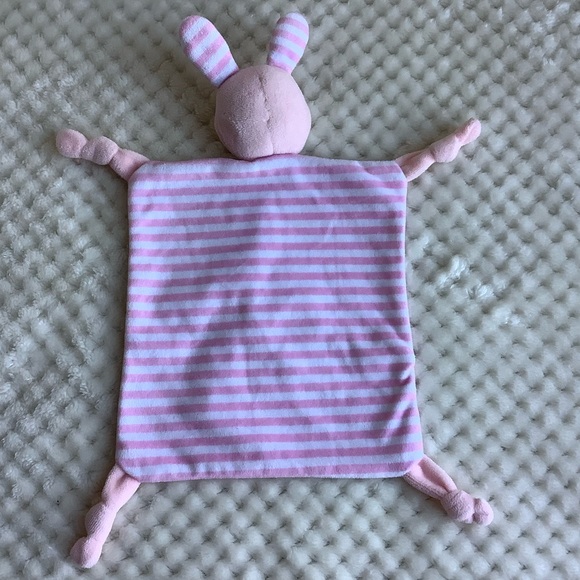 Pink and White Striped Bunny Rabbit Lovey Rattle Security Blanket Toy Knotted - Picture 4 of 8